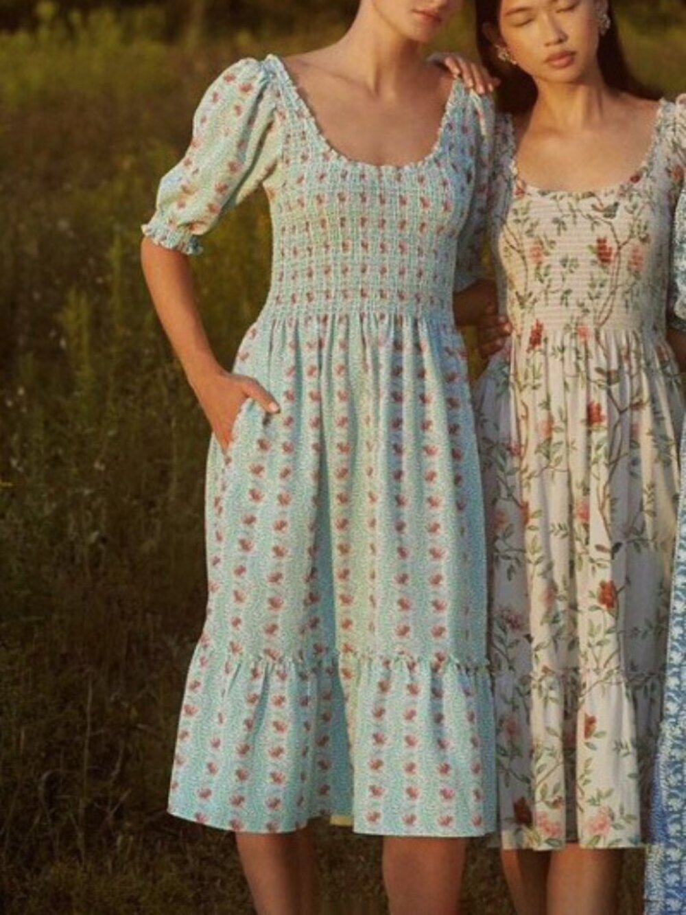 Hill House Light Blue Floral Midi Dress with Pink Blossoms